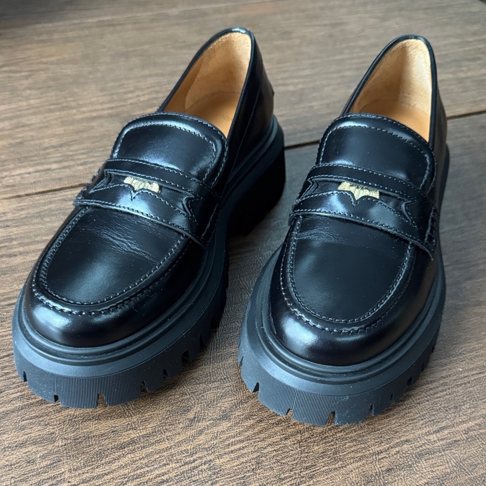 Maje Medaille Leather Platform Loafers in Black with Gold Accents - Picture 2 of 6